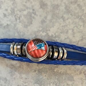Blue Leather Bracelet with Silver Accents And New England Patriots Snap